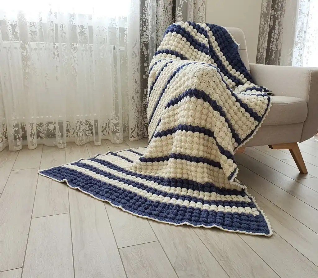 handmade crochet throw blanket in blended wool with intricate patterns.