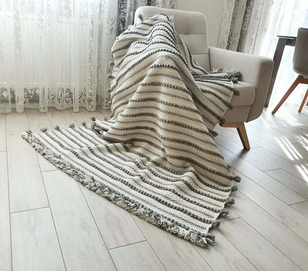 handwoven chunky wool throw blanket in natural color, showcasing traditional weaving texture and premium quality materials.