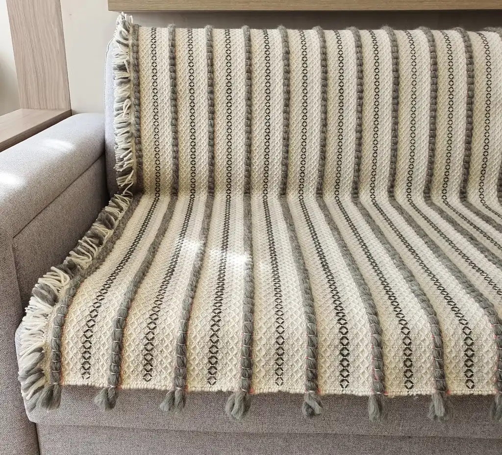 handwoven chunky wool throw blanket in natural color, showcasing traditional weaving texture and premium quality materials.