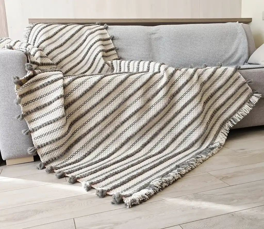 handwoven chunky wool throw blanket in natural color, showcasing traditional weaving texture and premium quality materials.
