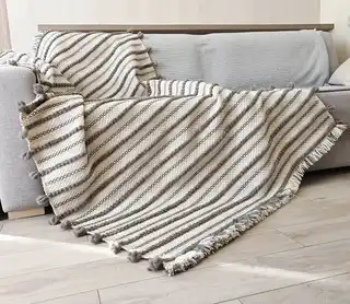 handwoven chunky wool throw blanket in natural color, showcasing traditional weaving texture and premium quality materials.