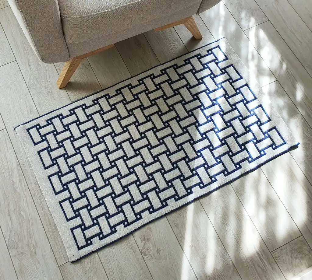 handwoven wool rug in natural colors showing detailed weaving texture and craftsmanship.