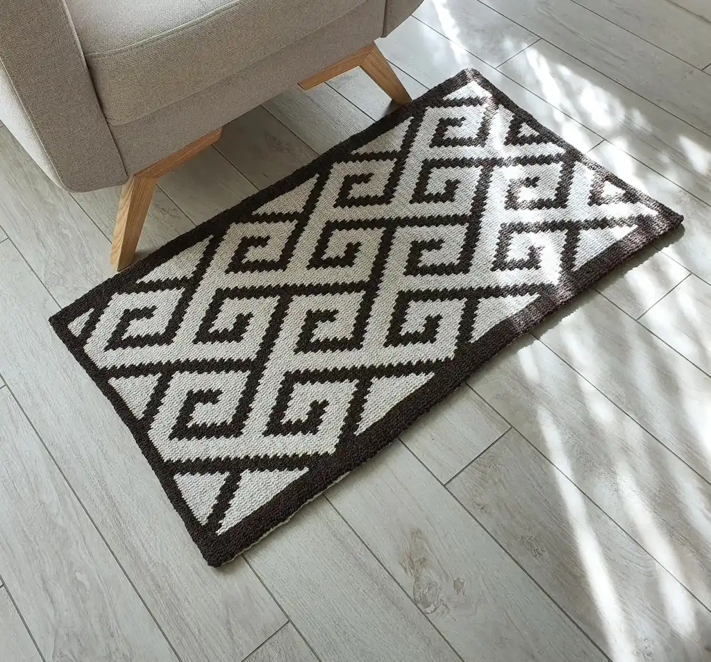 Crochet wool rug in natural colors, showing detailed texture and craftsmanship.