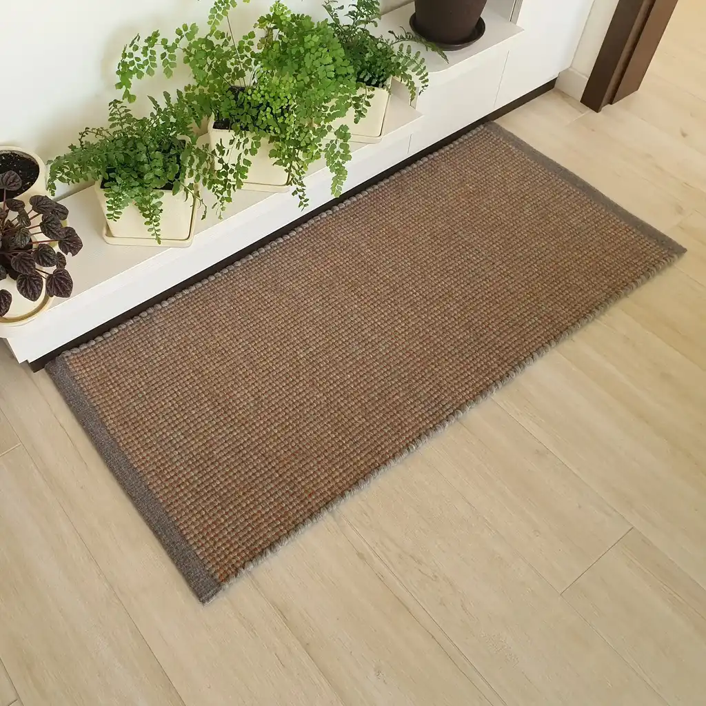 handwoven chunky wool rug in natural colors, traditional weaving technique.
