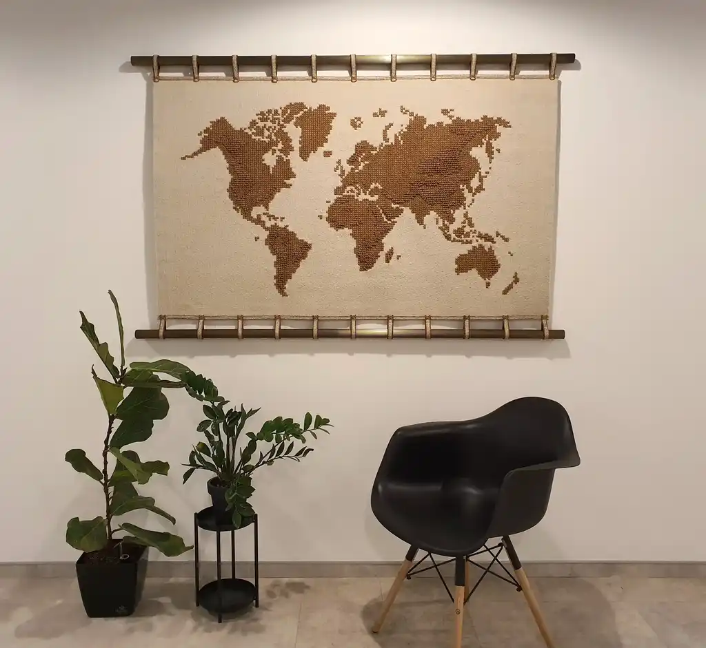 handwoven wool wall hanging with traditional weaving patterns.
