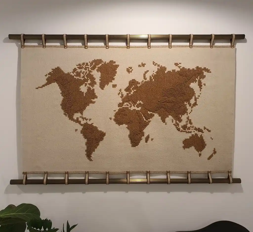 handwoven wool wall hanging with traditional weaving patterns.
