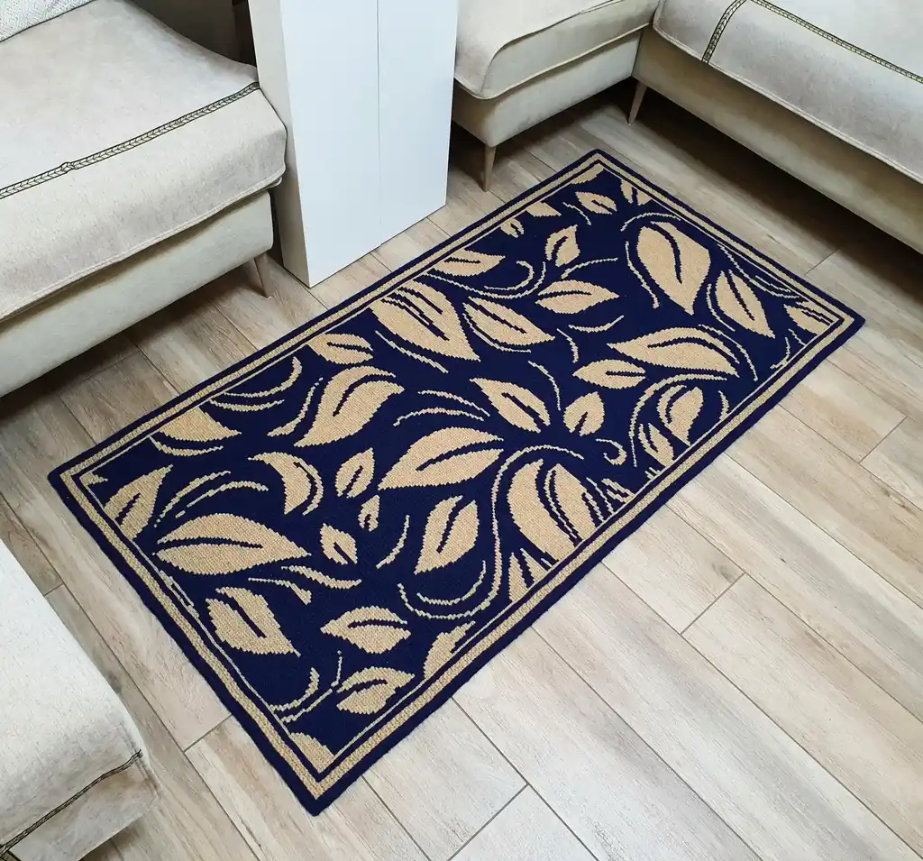 traditional Ukrainian cross-stitch wool rug with geometric patterns in earth tones.