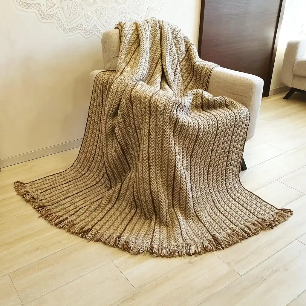 Osin handmade Crochet throw blanket in blended wool, machine washable home textile.