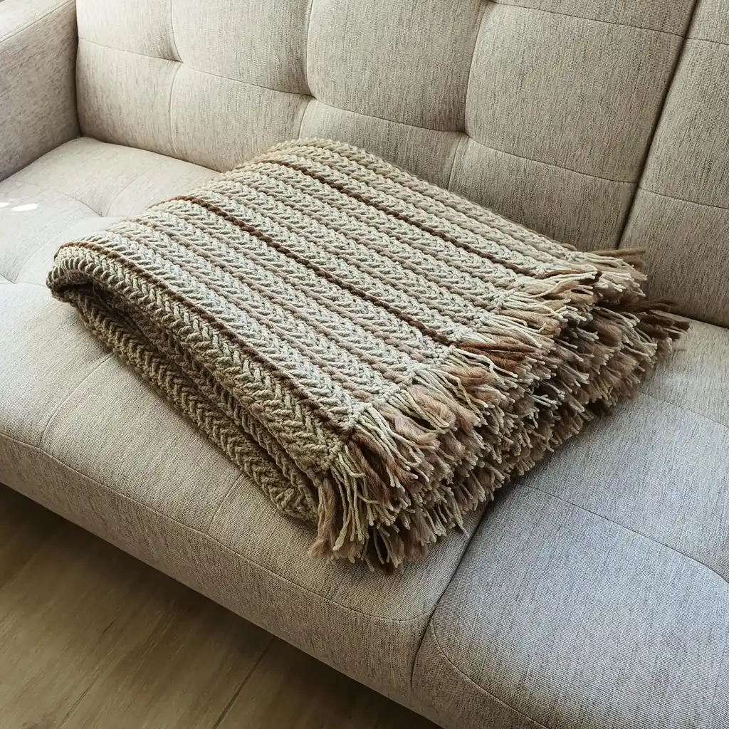 Osin handmade Crochet throw blanket in blended wool, machine washable home textile.