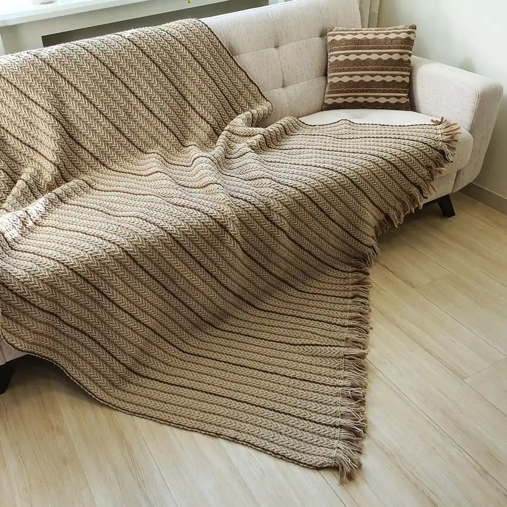 Osin handmade Crochet throw blanket in blended wool, machine washable home textile.
