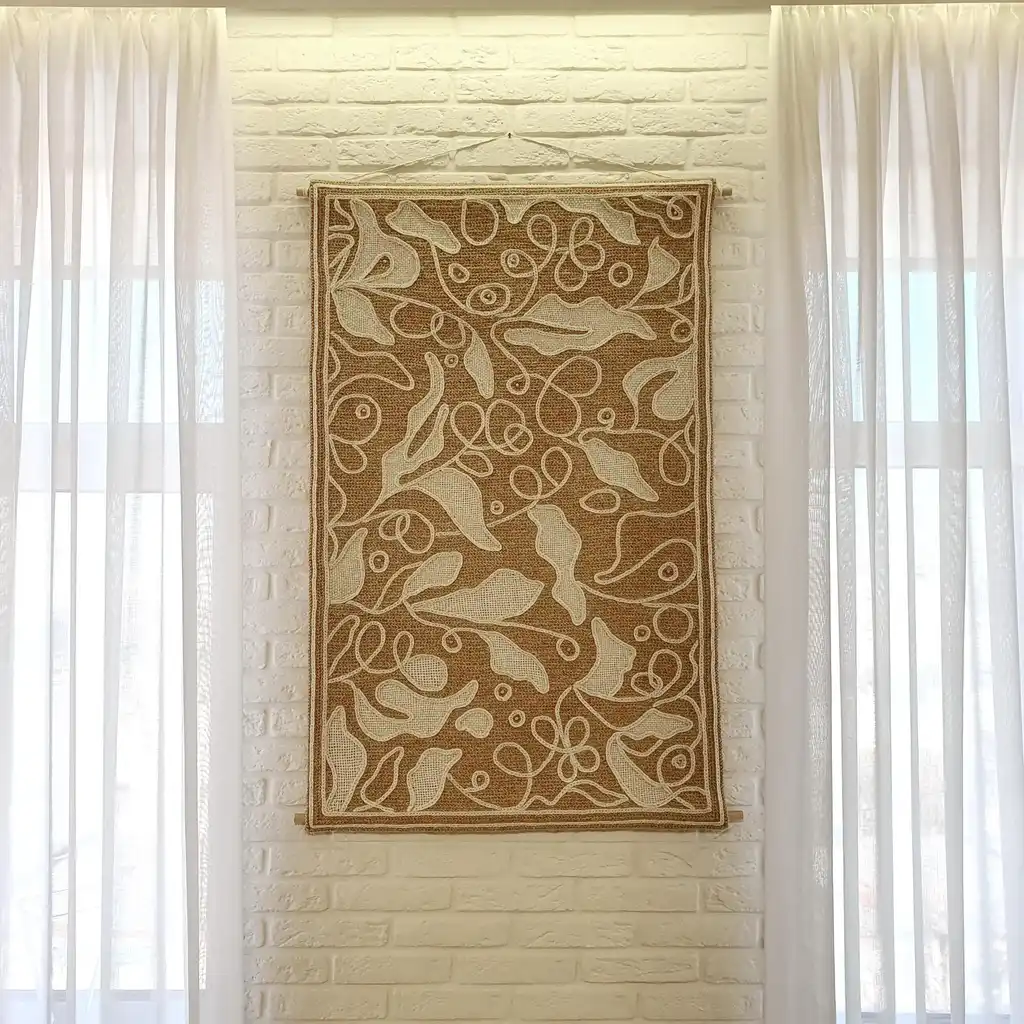handmade cross-stitch wall hanging tapestry made from wool and jute materials.