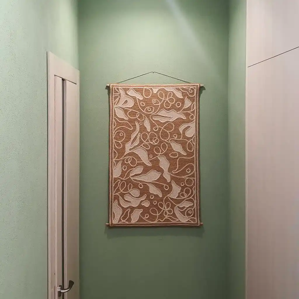 handmade cross-stitch wall hanging tapestry made from wool and jute materials.