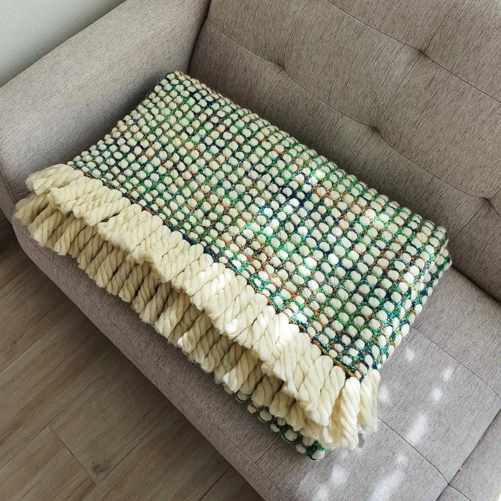 Luxurious chunky wool crochet blanket with intricate handmade patterns in neutral tones.