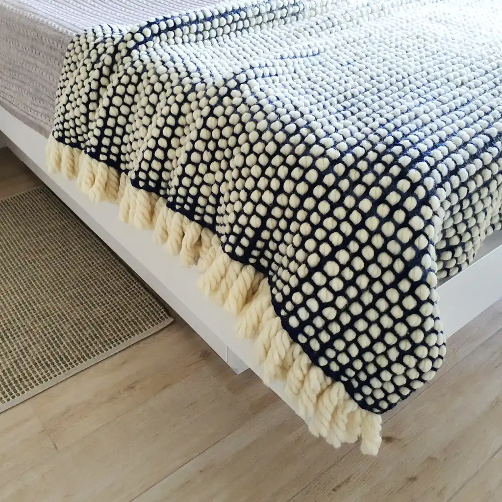 Chunky wool crochet blanket in natural color, handmade throw.