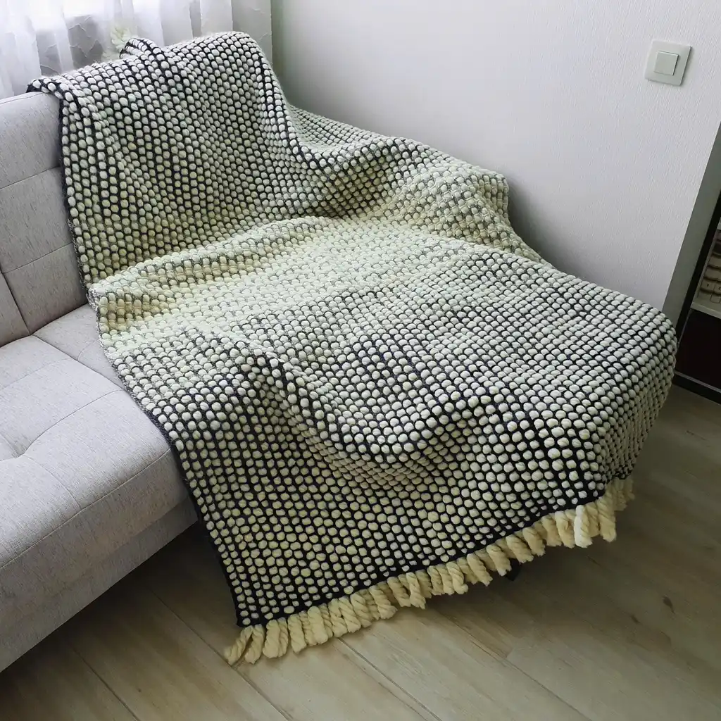 Chunky wool crochet blanket in natural color, handmade throw.