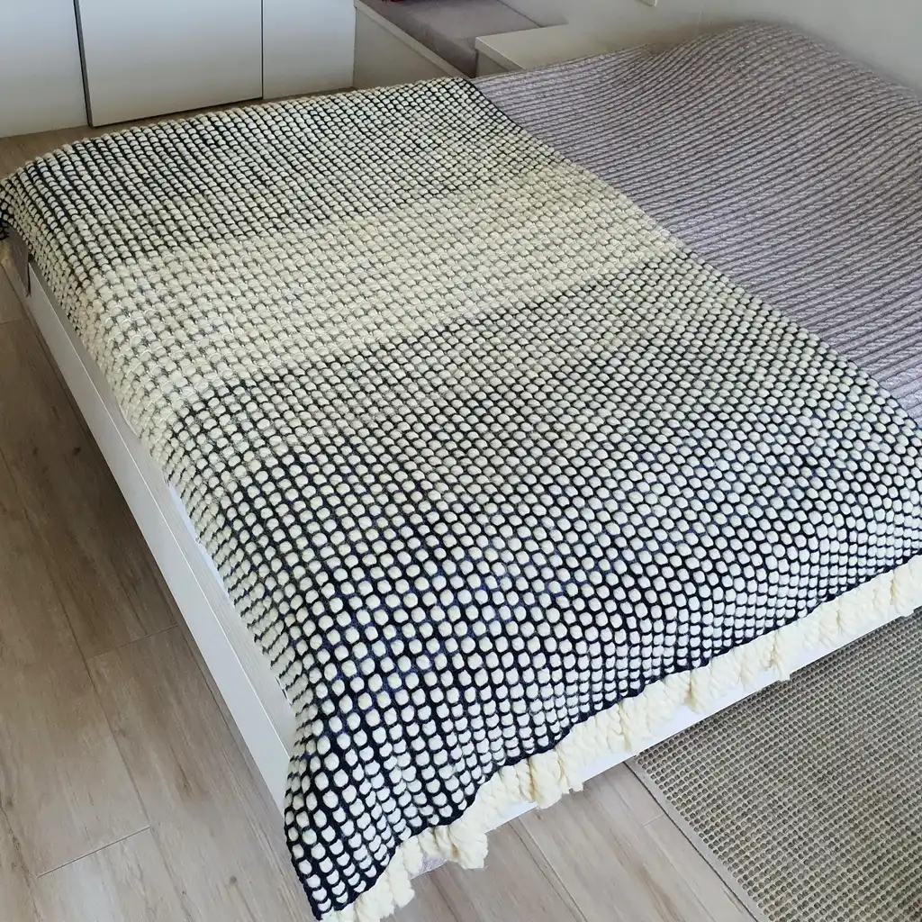 Chunky wool crochet blanket in natural color, handmade throw.
