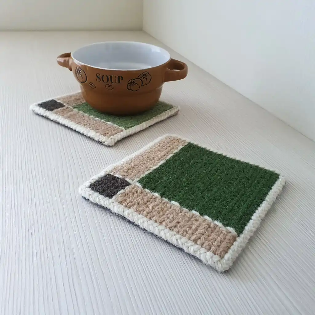 Handmade set of 4 modern mug rugs made of wool and jute with non-skid backing.