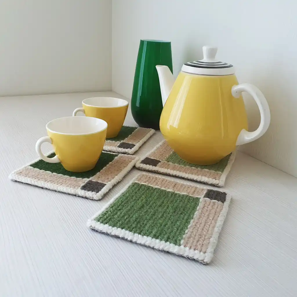 Handmade set of 4 mug pads made of wool and jute with non-skid backing.