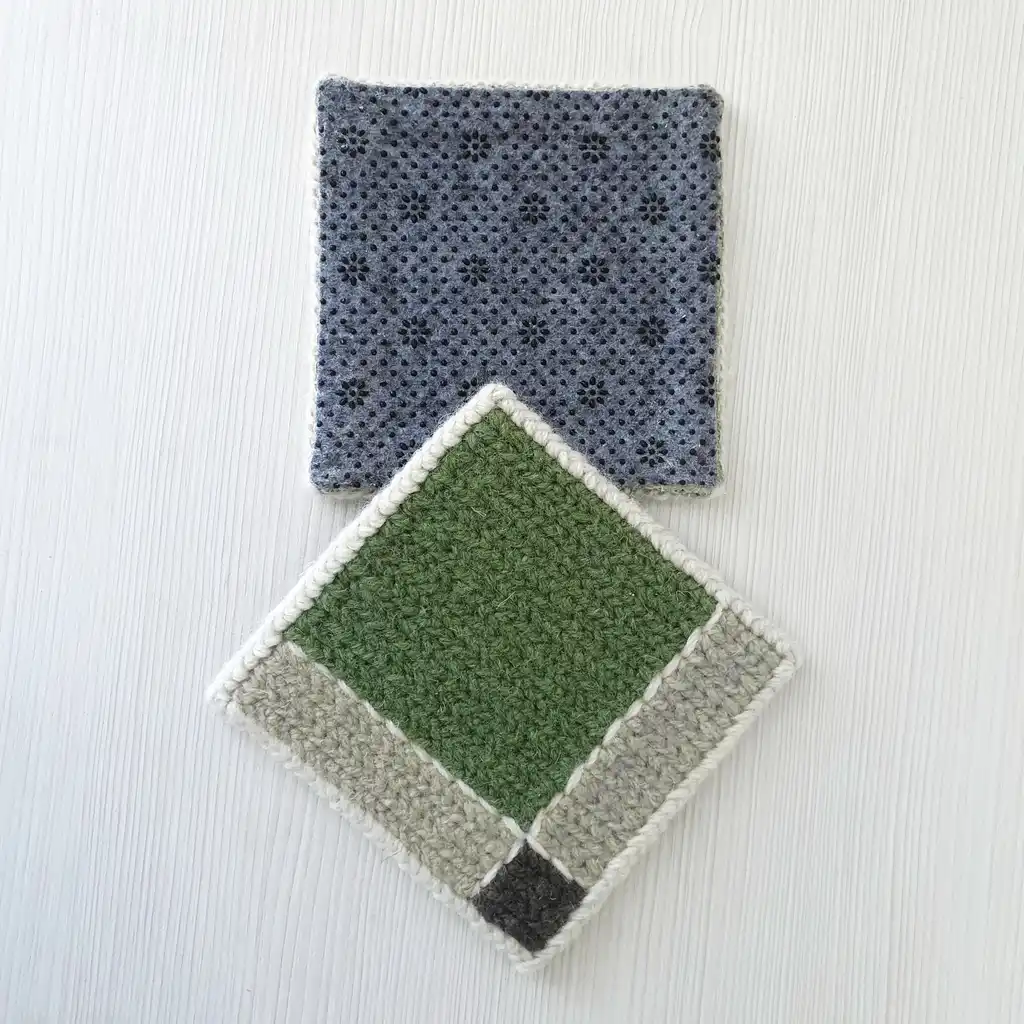 Handmade set of 4 mug rugs made of wool and jute with non-skid backing.