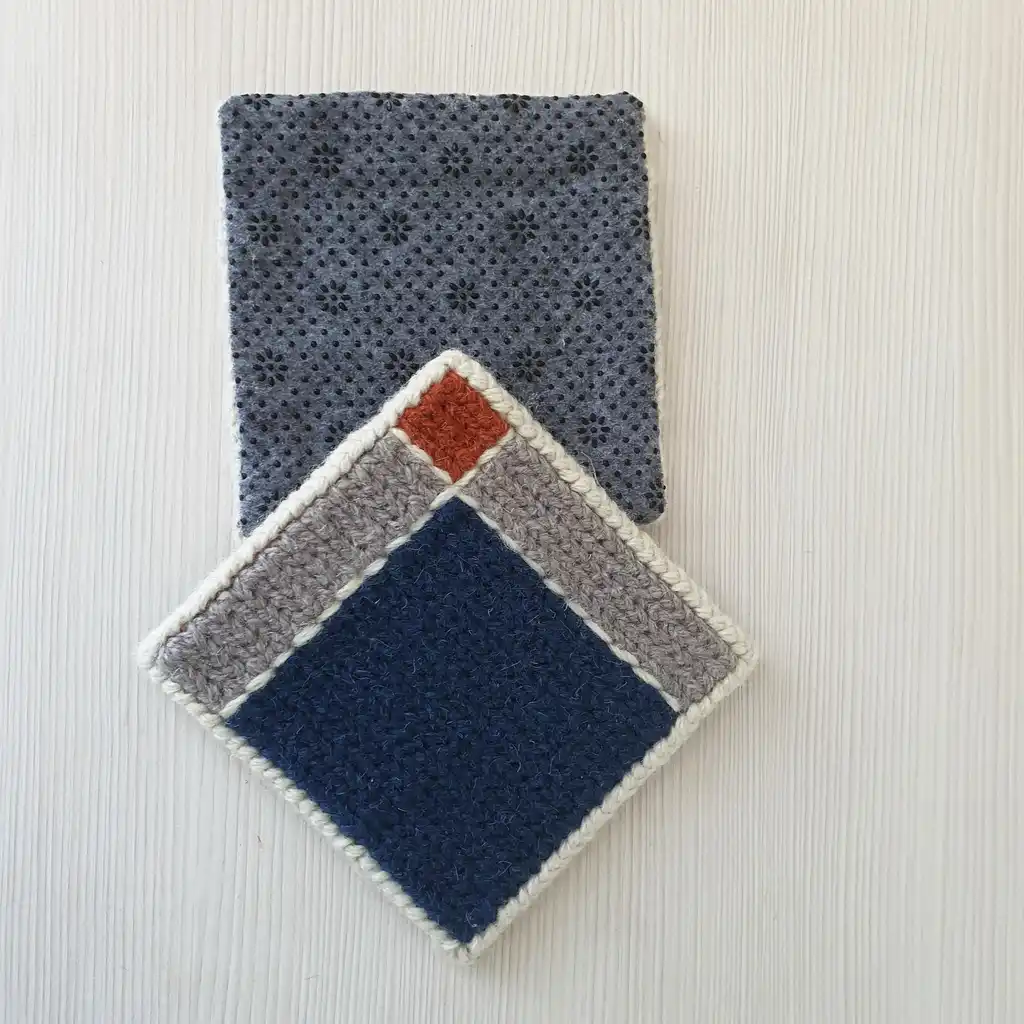 Handmade set of 4 mug rugs made of wool and jute with non-skid backing.