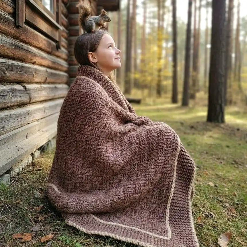 Handmade chunky knitted throw in terracotta color with beige border, textured pattern.
