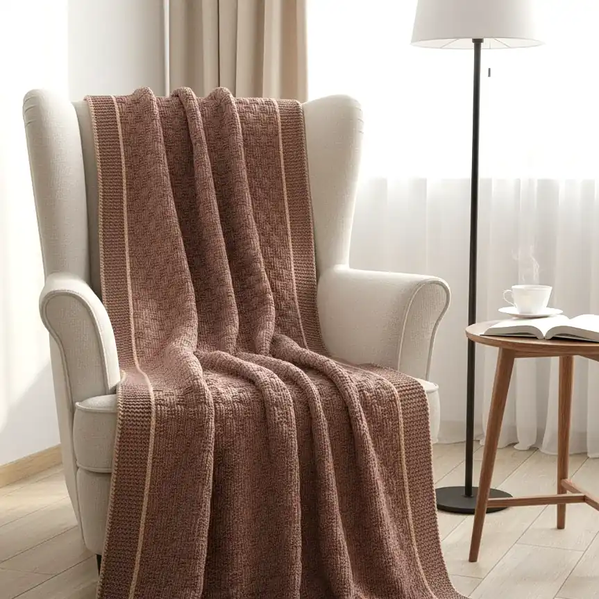 Handmade chunky knitted throw in terracotta color with beige border, textured pattern.