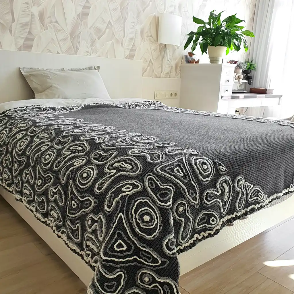 Gray wool blanket with voluminous decorative crochet elements and abstract pattern.