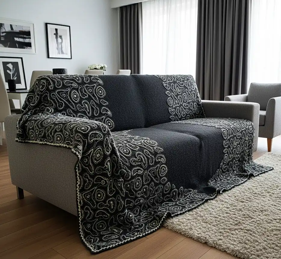 Gray wool blanket with voluminous decorative crochet elements and abstract pattern.