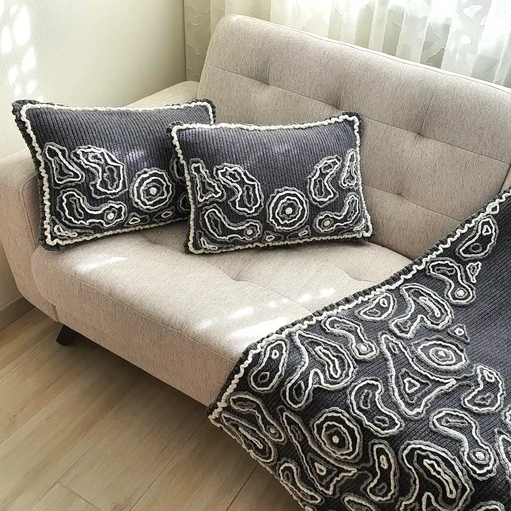 Gray wool blanket with voluminous decorative crochet elements and abstract pattern.