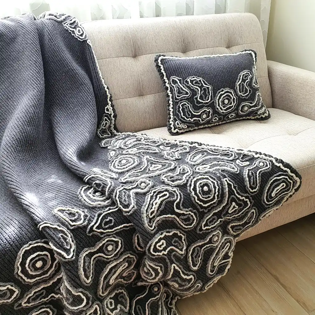 Gray wool blanket with voluminous decorative crochet elements and abstract pattern.