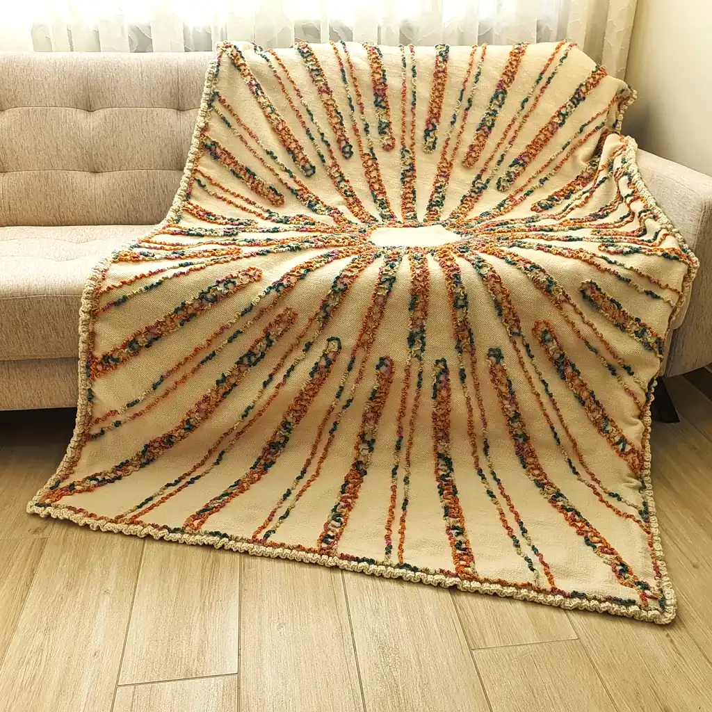 Elegant cream wool blanket with multicolor embroidery and cozy plush back.