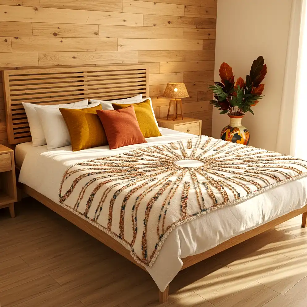 Wool throw with raised embroidered sunburst design, handwoven in Ukraine.