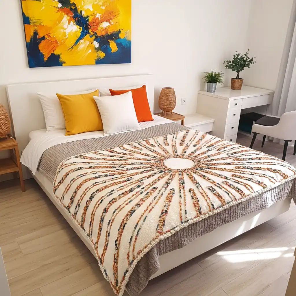 Handwoven wool blanket with colorful embroidery and plush backing, size 135x215 cm.