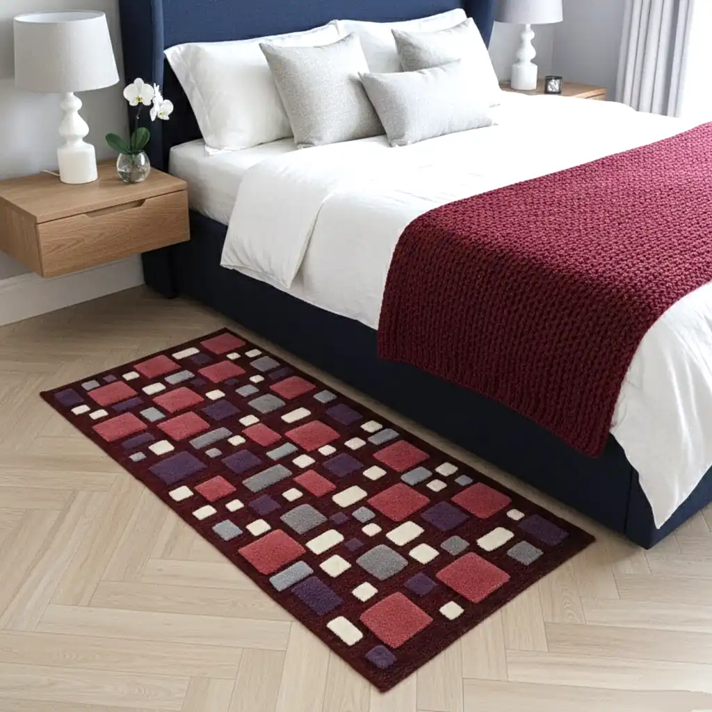 Cozy bedroom decor featuring a deep burgundy handwoven wool rug. Sustainable home accent that adds warmth and artistic character to a Scandi or Boho room.