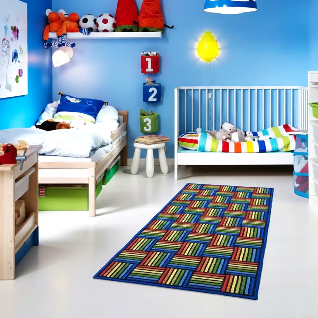 Colorful accent rug for a nursery or bedroom.