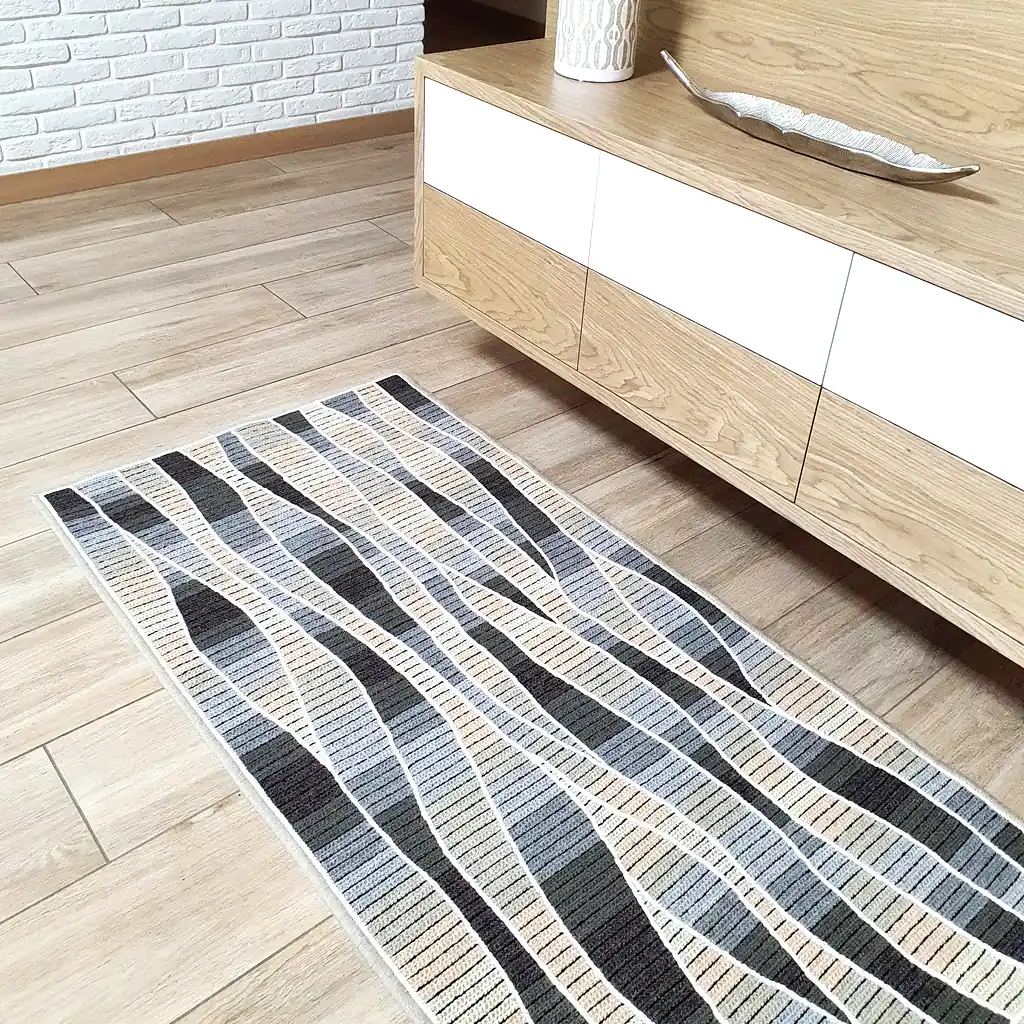 Handmade cross-stitch wool rug with wavy gray and beige stripes, thick plush lining, perfect for living room or bedroom