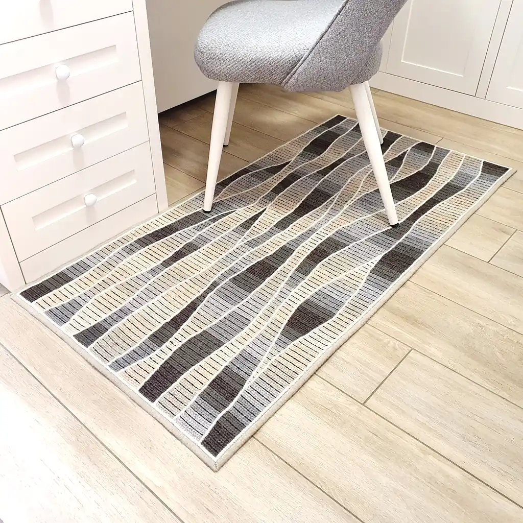 Handmade cross-stitch wool rug with wavy gray and beige stripes, thick plush lining, perfect for living room or bedroom