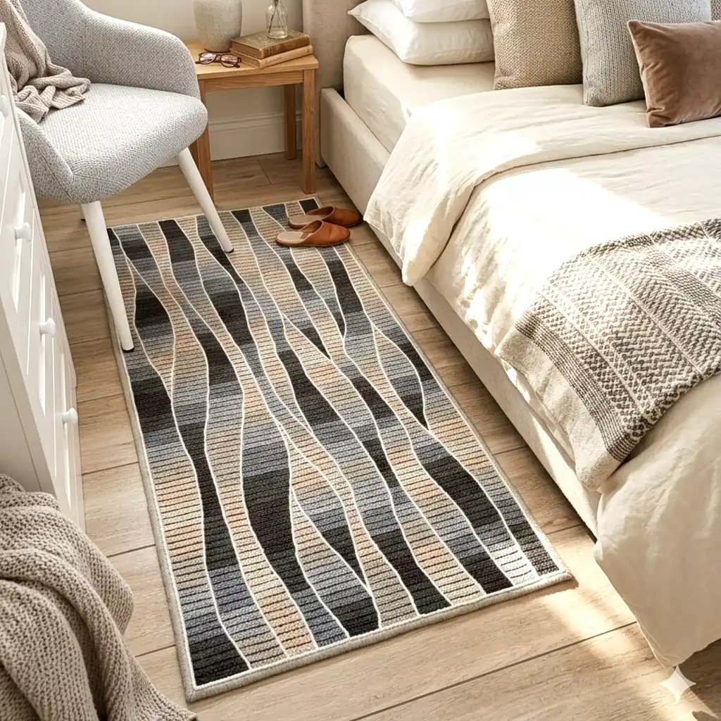 Handmade cross-stitch wool rug with wavy gray and beige stripes, thick plush lining, perfect for living room or bedroom