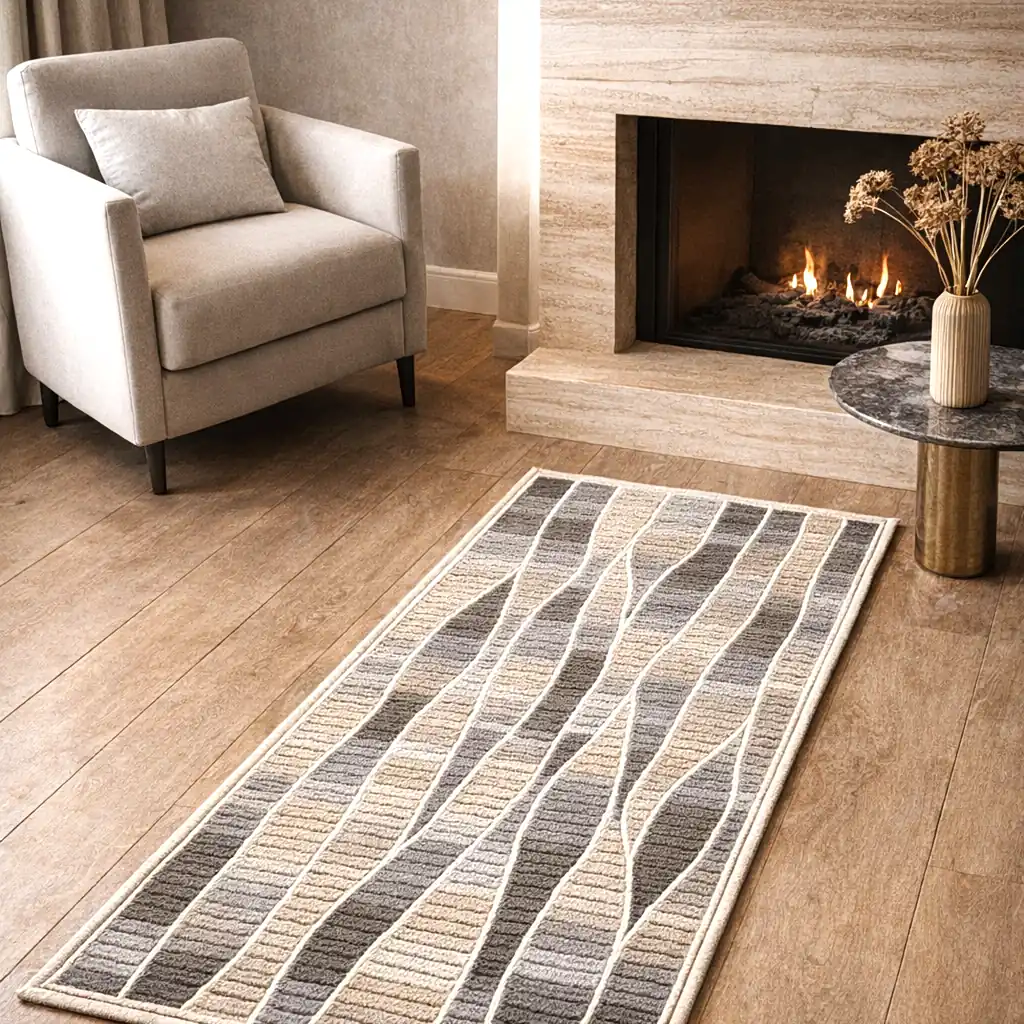 Handmade cross-stitch wool rug with wavy gray and beige stripes, thick plush lining, perfect for living room or bedroom