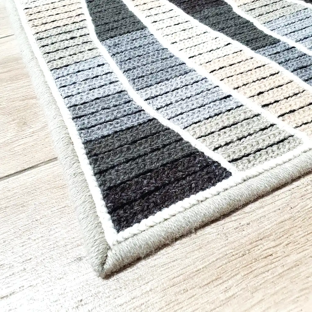 Handmade cross-stitch wool rug with wavy gray and beige stripes, thick plush lining, perfect for living room or bedroom