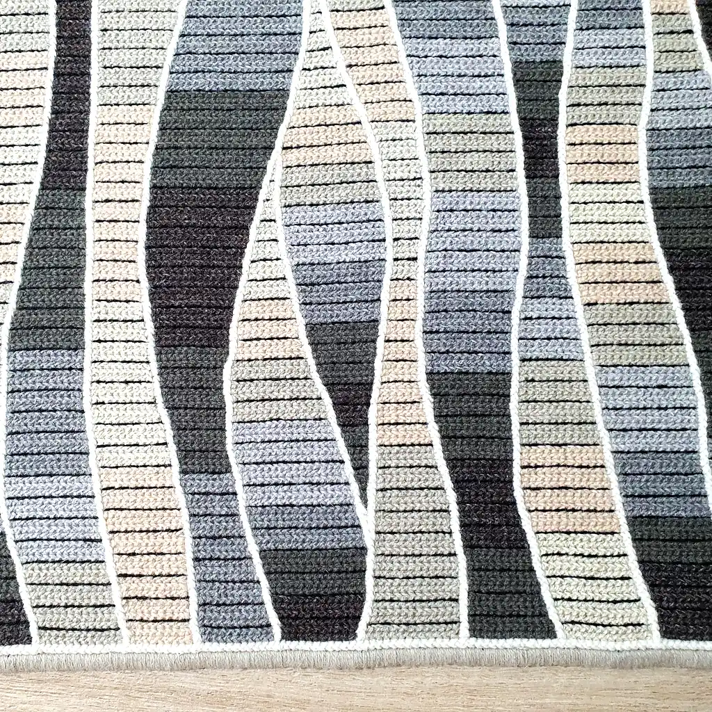 Handmade cross-stitch wool rug with wavy gray and beige stripes, thick plush lining, perfect for living room or bedroom