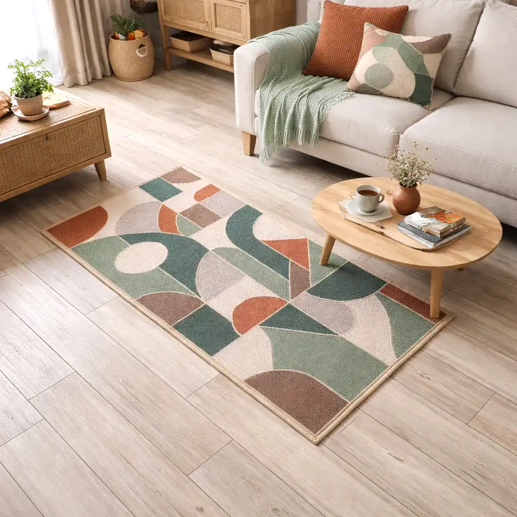 Handmade embroidered wool rug with geometric mosaic pattern in teal, orange, and cream colors with thick plush lining and natural jute border
