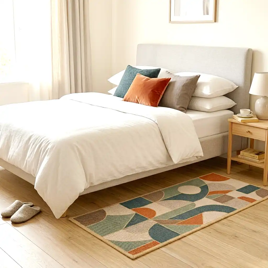 Handmade embroidered wool rug with geometric mosaic pattern in teal, orange, and cream colors with thick plush lining and natural jute border