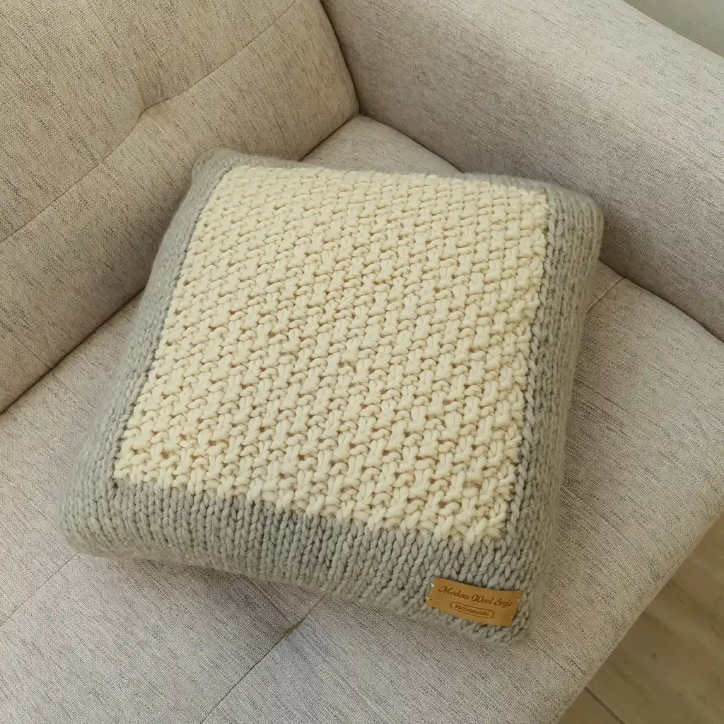 Handmade merino wool knitted cushion with textured pattern in gray and warm white colors.