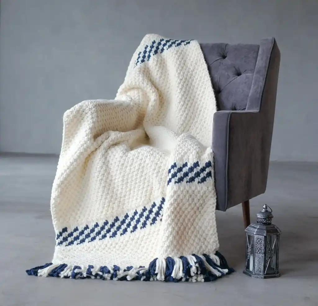 knitted blended wool throw blanket in natural color.