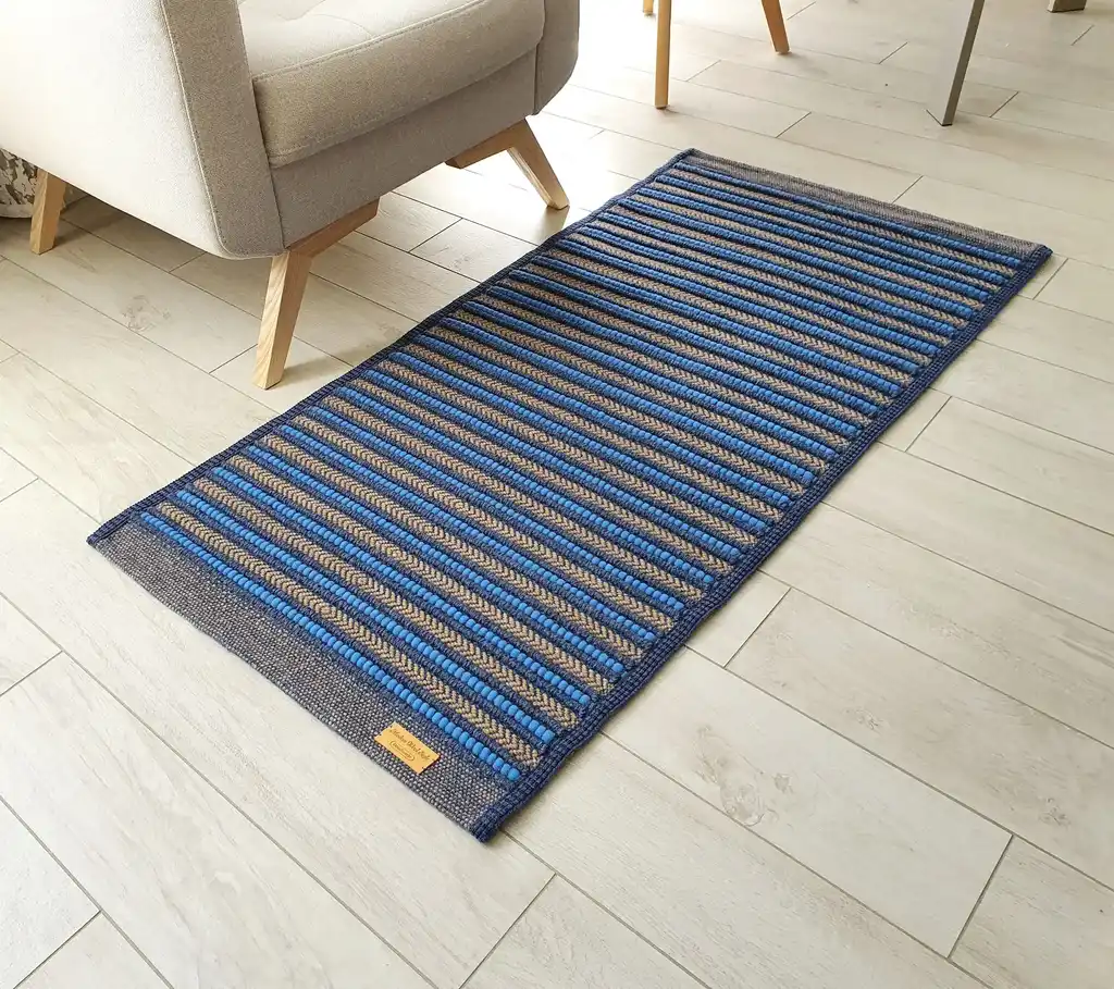 handwoven rug made from natural jute and chunky wool fibers.